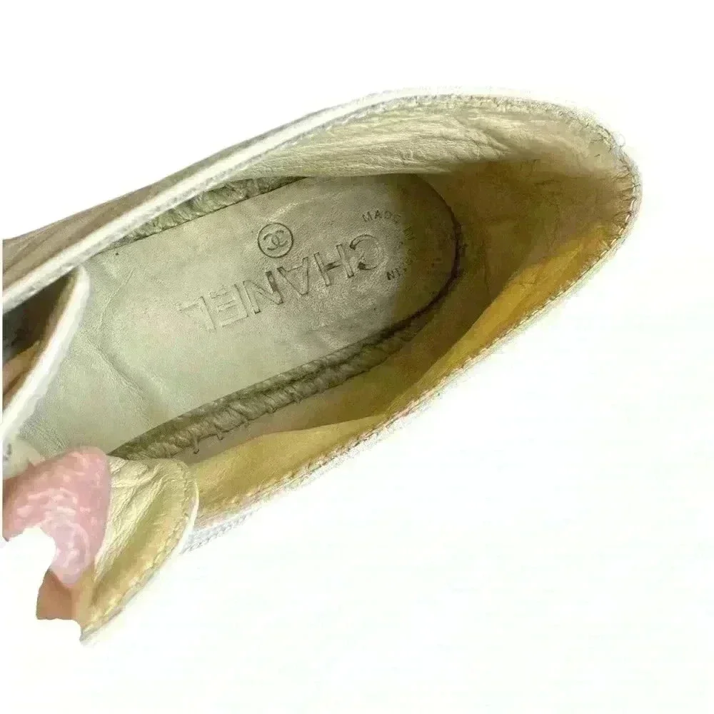 Chanel Beige/Black Lambskin Leather High Top Espadrilles Shoes.